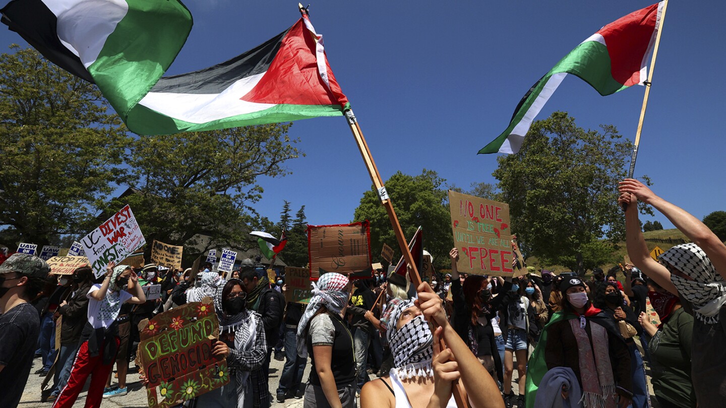 Polisi dengan tongkat mendekati pengunjuk rasa perang Israel-Hamas di UC Santa Cruz