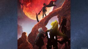 Concept art for RWBY, featuring Ruby, Weiss, Yang, and Blake looking at Remnant's shattered moon.