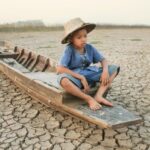 Anak yang sedih Dry River Air Tawar Kekeringan Perubahan Iklim