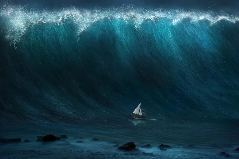 Perahu Layar Kecil Gelombang Tsunami Raksasa