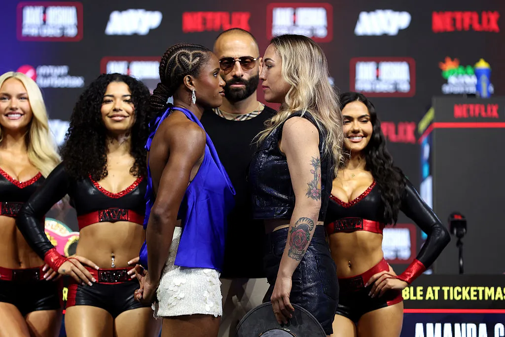 MIAMI BEACH, FLORIDA - DECEMBER 17: Caroline DuBois faces off against Camila Panatta during the press conference for Jake Paul v Anthony Joshua at The Fillmore Miami Beach on December 17, 2025 in Miami Beach, Florida. (Photo by Megan Briggs/Getty Images for Netflix)